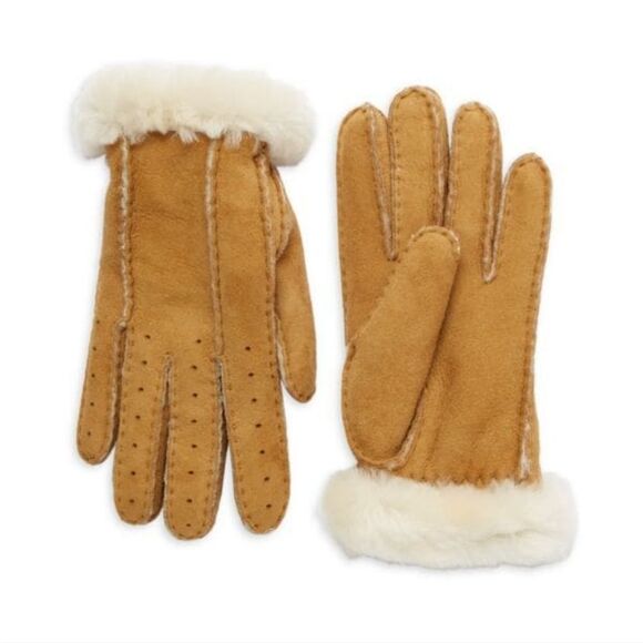 UGG Australia Women perforated Genuine Shearling Handmade Chestnut Glove size L - Picture 1 of 14